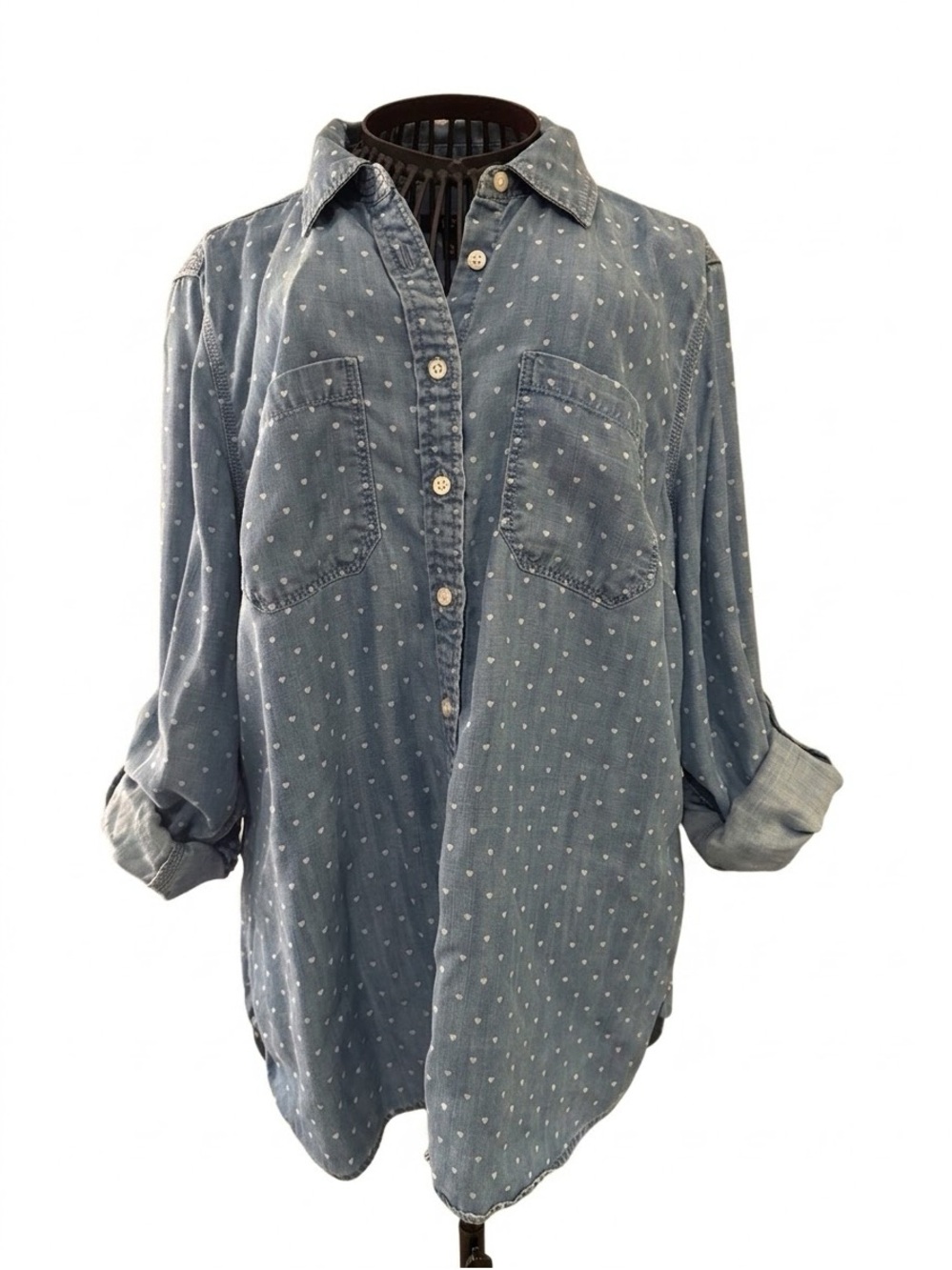 Talbots Petites Large Heart Print Chambray Shirt 100% Lyocell Blue Denim Button